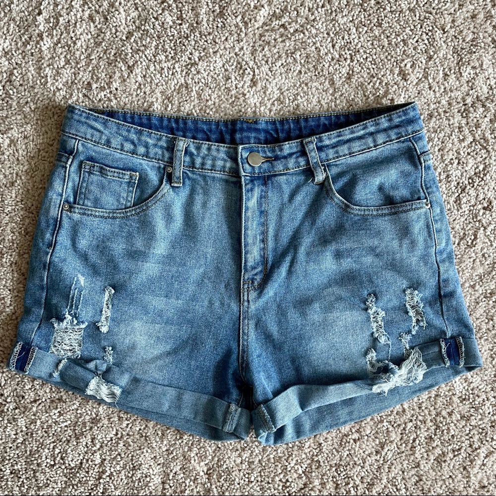 High Rise Medium Wash Distressed Jean Shorts